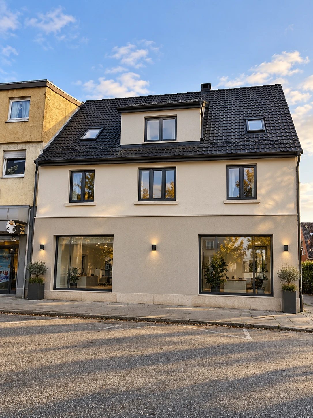 Die Charlottenstraße 50 nach der Sanierung – Visualisierung der Straßenfassade mit großen Fenstern im Erdgeschoss und Gaube im Dach