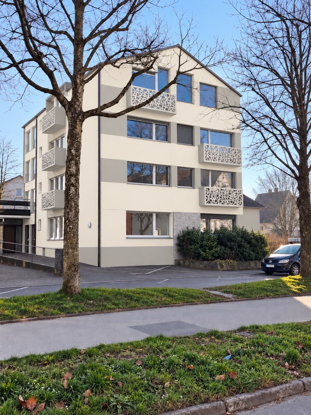 Riedleparkstraße 32 nach der Sanierung – Visualisierung der Fassade mit ornamentalen Balkonen